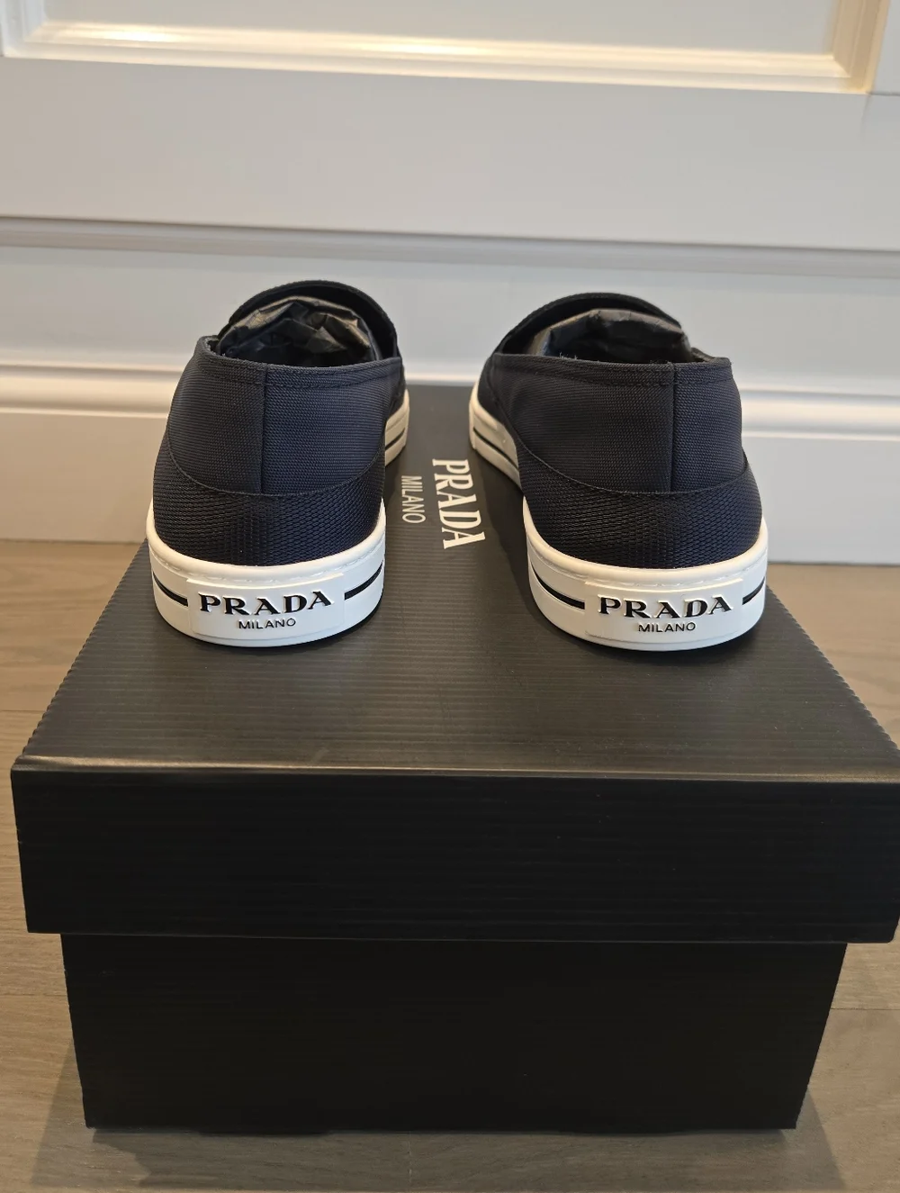 $1,020 PRADA Triangle Logo Slip-On Nylon Blue Sneakers UK 11 US 12 EU 45 BNIB